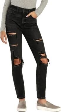 Eunina Tobi Super High Rise Mom Jeans Ankle Women's 7/28 Black Distressed NWT